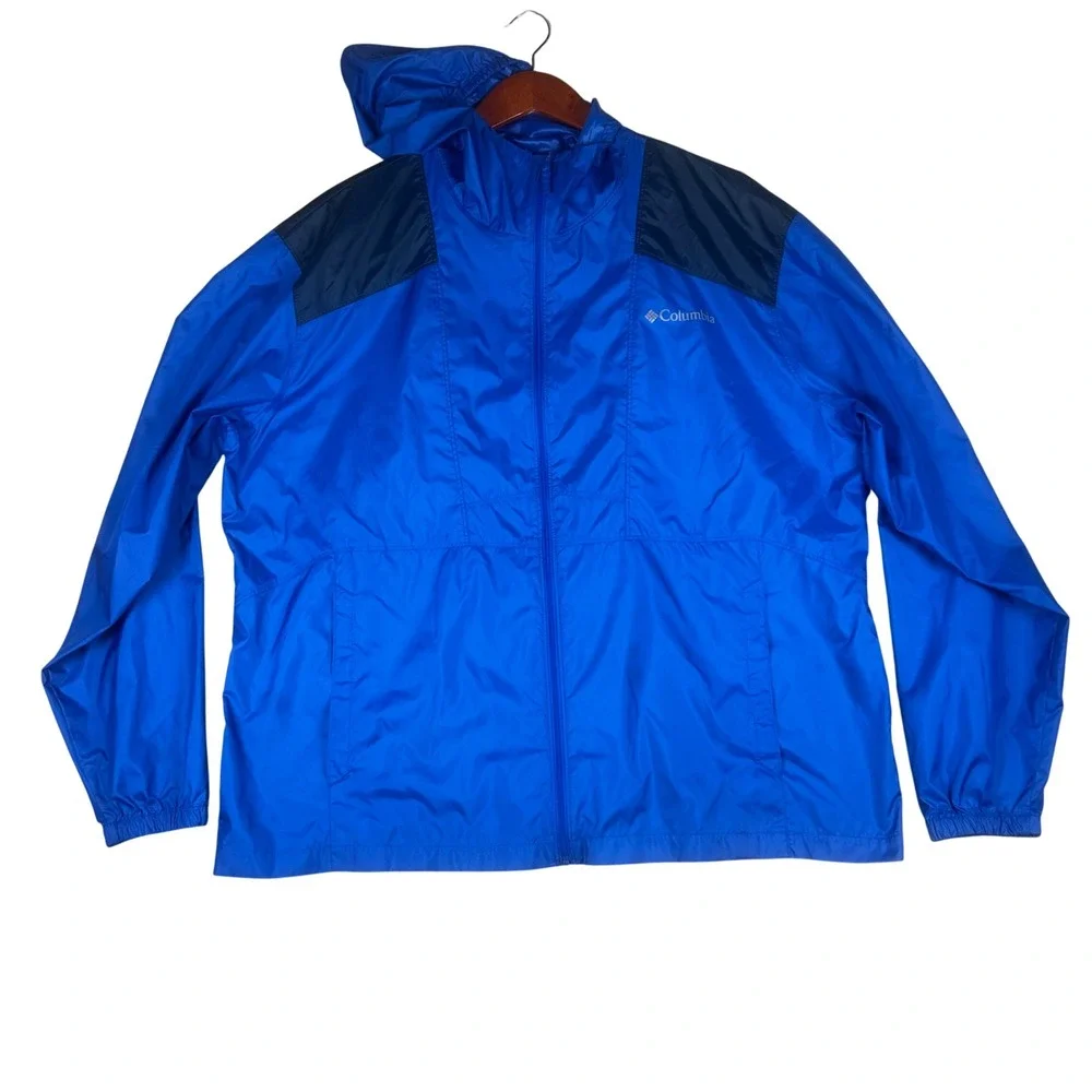 Columbia Mens XL Blue Navy Colorblock Hooded Windbreaker Jacket KM3972 Full Zip